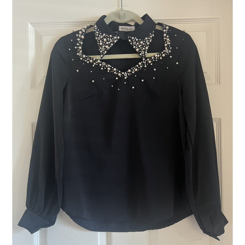Yen Tang Black Beaded Blouse Sz S Pearl Rhinestone Collar whimsygoth Luxe Glam
